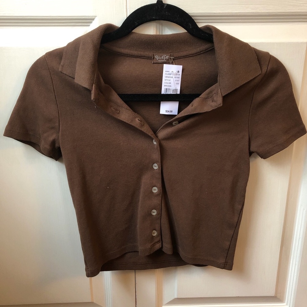 Brown Collared Button-Down Crop Top